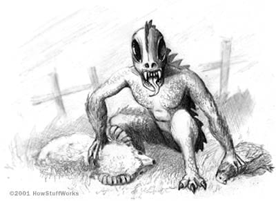 Color illustration of a spined, grey, dog-like creature crouching near two goats in a field