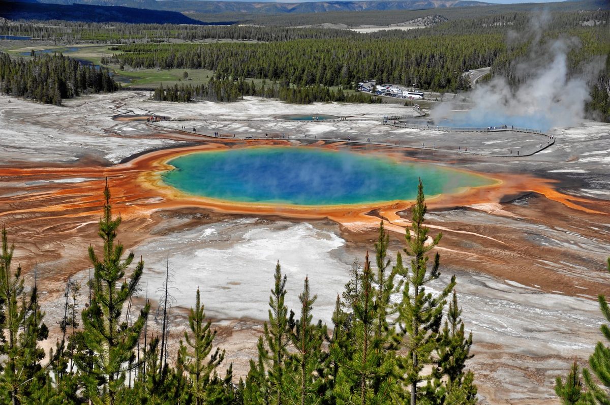 The vivid blue and orange Grand Prismatic Spring in Yellowstone's Midway Geyser Basin